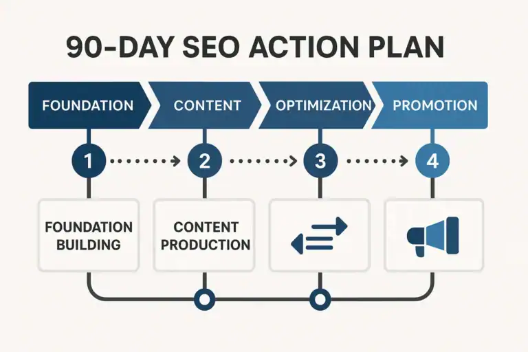90-day SEO action plan flowchart: foundation, content, optimization, promotion steps.